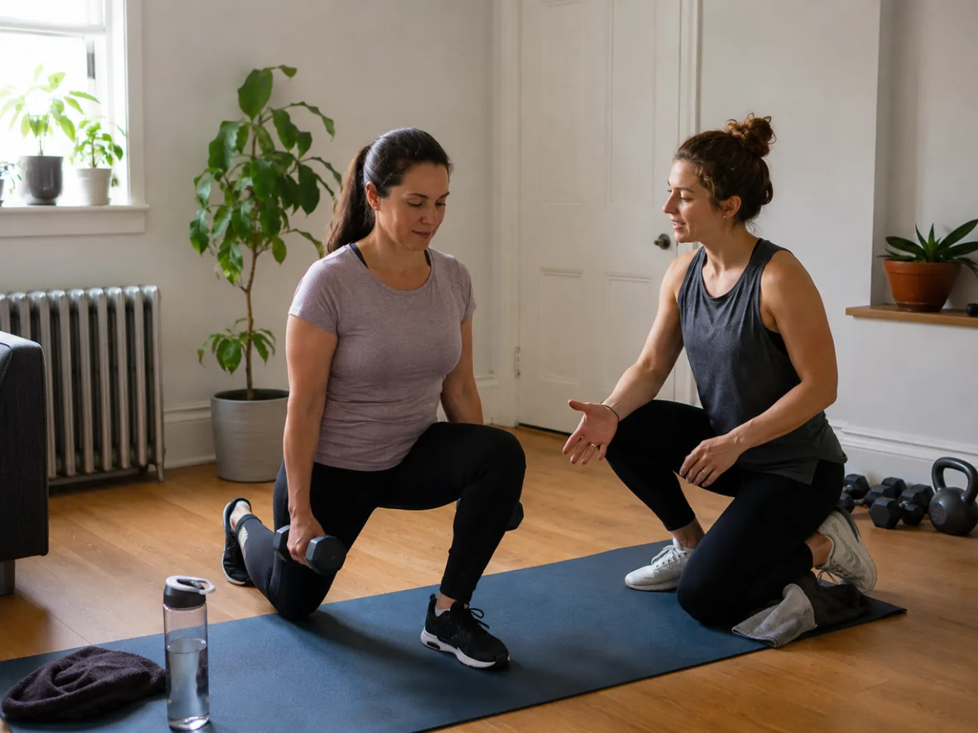 A coach guiding a client through a dumbbell lunge during an at-home session, the two-sided relationship behind a purchase