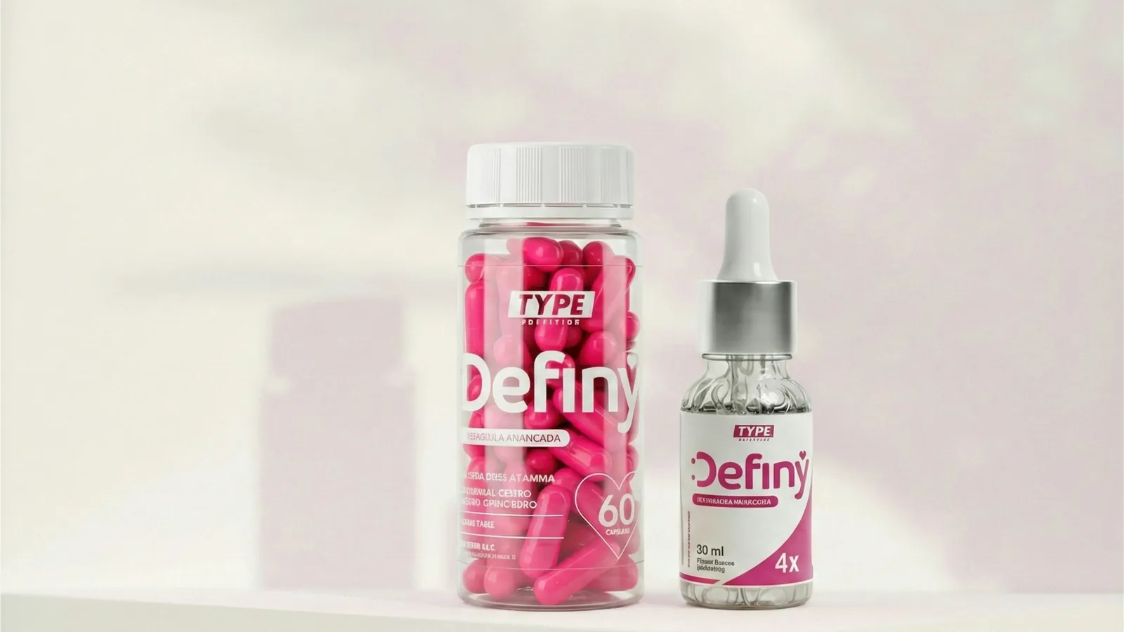 Supplement capsules and a serum bottle arranged on a white surface in a minimalist studio shot, the wellness products brand tracking measures